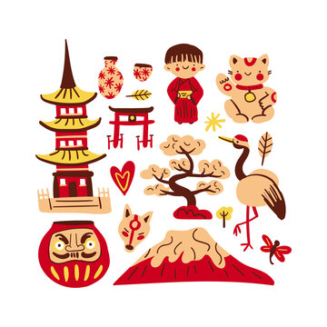 Japan hand drawn elements vector set. Japanese, asian culture cartoon collection. Travel to Japan. Traditional asian symbols isolated. Eps illustration red set: pagoda, fujiyama, daruma, kimono, gate