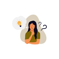 Problem solving concept, woman thinking vector, with question mark and light bulb icons. Hand drawn style vector design illustrations