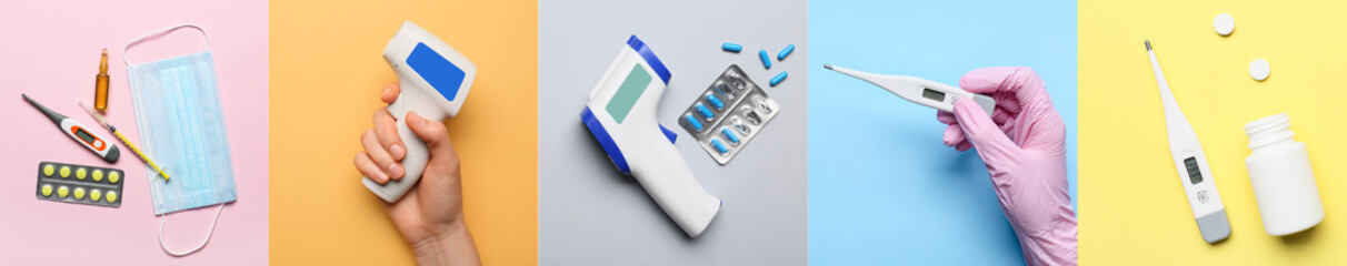 Medical mask, thermometer and cure on color background