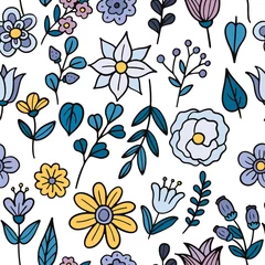 Gordijnen Hand drawn flowers and leaves pattern. Vector illustration © Biscotto Design
