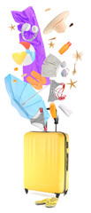 Suitcase with falling beach accessories on white background