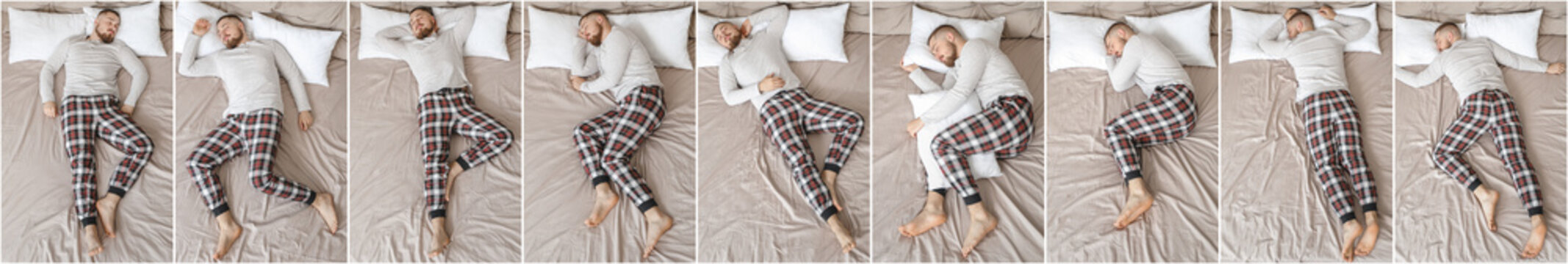 Young Man Sleeping In Different Positions In Bed