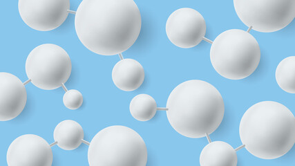 Abstract blue background with white circular 3d molecules connected with strings, biology medicine healthcare banner