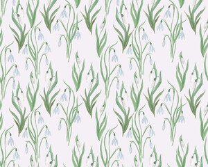 Watercolor painting seamless pattern with first spring flowers. 
Snowdrops galanthus background
