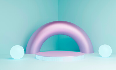 Minimal scene with podium and abstract background. Geometric shape. Blue pastel colors scene. Minimal 3d rendering. Scene with geometrical forms and blue background. 3d illustration.
