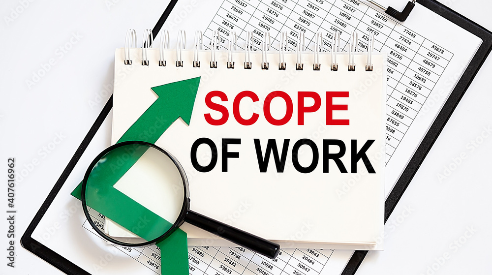 Poster notebook with tools and notes about scope of work with chart