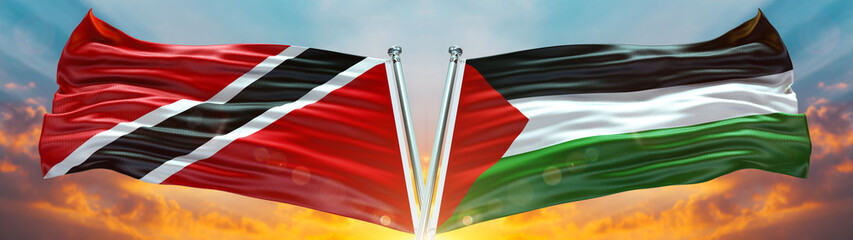 Fototapeta na wymiar Double Flag palestine فلسطين and Trinidad and Tobago flag waving flag with texture sky Cloud and sunset