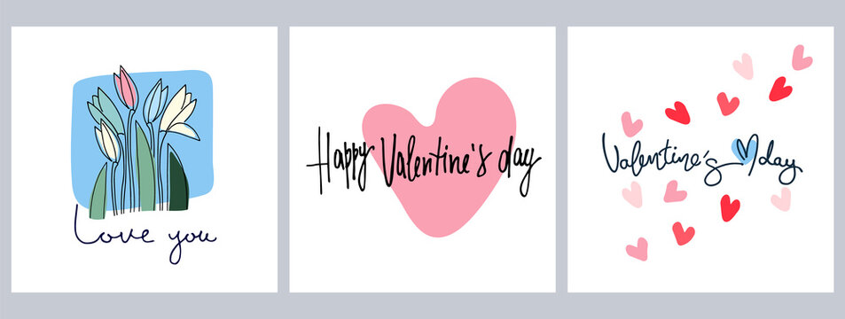 Set of Happy Valentines Day greeting cards designs with hand drawn hearts, flowers and lettering