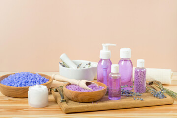 Fototapeta na wymiar lavender flowers in organic cosmetic set
