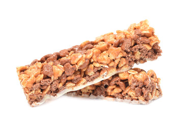 Cereal bar from oat flakes in group isolated on white
