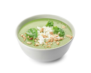 Bowl with tasty spinach soup on white background