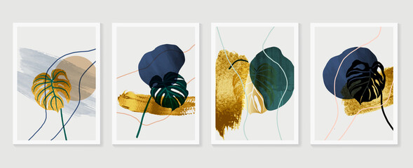 Gold tropischer Wandkunstvektor. Botanische Strichzeichnung mit Aquarellpinsel. Plant Art Design für gerahmte Wanddrucke, Leinwanddrucke, Poster, Wohnkultur, Cover, Tapeten. © TWINS DESIGN STUDIO