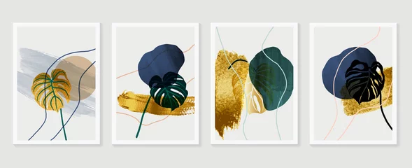 Gold tropischer Wandkunstvektor. Botanische Strichzeichnung mit Aquarellpinsel. Plant Art Design für gerahmte Wanddrucke, Leinwanddrucke, Poster, Wohnkultur, Cover, Tapeten. © TWINS DESIGN STUDIO