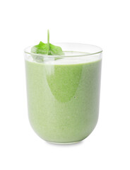 Glass of healthy spinach smoothie on white background