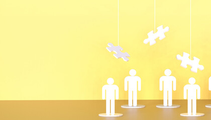 Abstract Creative idea Business Concepts Victory and goals and White human symbol with White Jigsaw on Yellow Background - 3d rendering