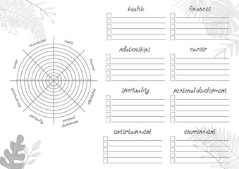 Printable A4 paper sheet with tropical leaves and Wheel of Life - diagram with blank lines to fill. Coaching tool for bullet journal page, daily planner template, blank for notebook.