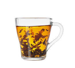 Glass cup of hot black tea on white background