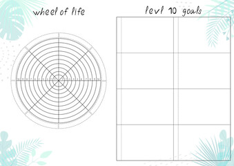 Printable A4 paper sheet with tropical leaves and Wheel of Life - diagram with blank lines to fill. Coaching tool for bullet journal page, daily planner template, blank for notebook.