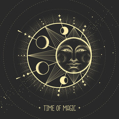 Modern magic witchcraft card with astrology sun and moon sign with human face. Day and nignt.