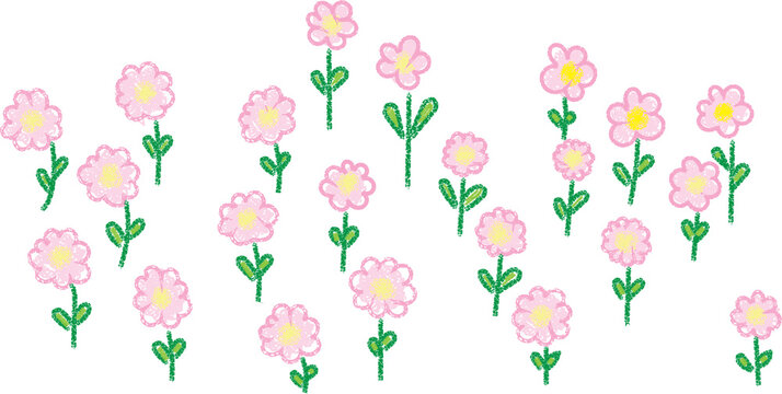 Wax crayon drawing pink flowers with green grass on white. Vector pastel chalk background banner.
