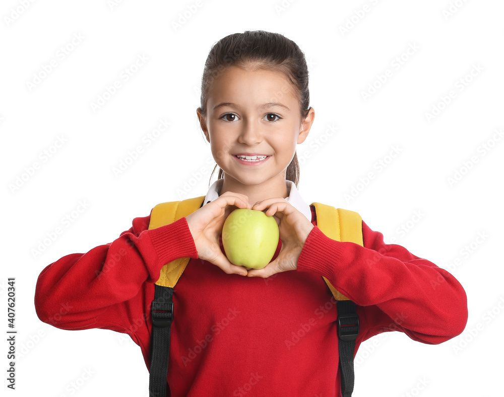 Canvas Prints schoolgirl with apple on white background