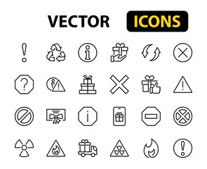 WARNINGS simple set of thin line vector icons. Contains icons such as warning, exclamation mark, reuse, warning sign and more. Editable stroke. Vector illustration