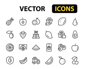 Fruit Icon Set, Vector lines, Contains icons such as apple, banana, cherry, lemon, watermelon, Avocado Editable stroke, 48x48 pixels, White background, eps 10
