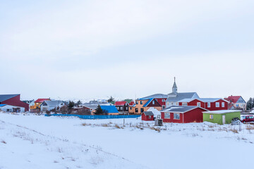 Panoramic view of small village Eyrarbakki in southern Iceland. Typical small village in Iceland.