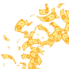 Korean won notes falling. Messy WON bills on white