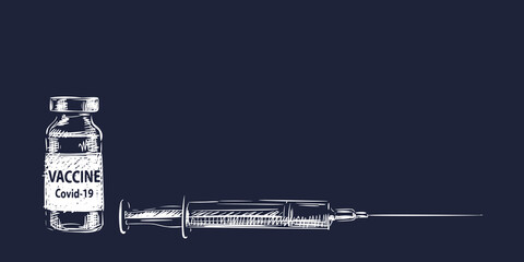 Vaccine Covid-19 vial medicine bottle and syringe vector drawing, White drawing on dark blue background. Fight against coronavirus. Vaccination, immunization, treatment