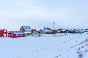 Panoramic view of small village Eyrarbakki in southern Iceland. Typical small village in Iceland.