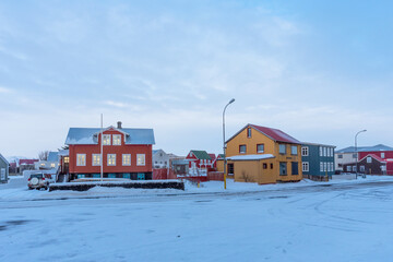 Panoramic view of small village Eyrarbakki in southern Iceland. Typical small village in Iceland.