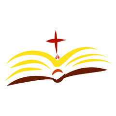 Open Bible and cross, with drops of blood in the shape of a heart