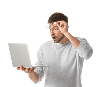 Stressed Man With Laptop On White Background. Concept Of Deadline