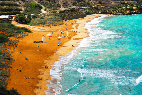 Red Ramla Bay and beach in Gozo Malta island the view from Fougasse cave