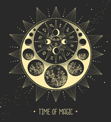Modern magic witchcraft card with astrology sun and moon sign with human face. Day and nignt. Astrology wheel with zodiac signs. Horoscope vector illustration