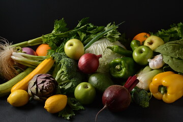 Assortment of fresh fruits and vegetables. Healthy food background. Shopping food in supermarket