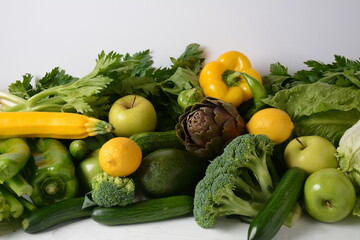 Assortment of fresh fruits and vegetables. Healthy food background. Shopping food in supermarket