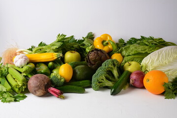 Assortment of fresh fruits and vegetables. Healthy food background. Shopping food in supermarket