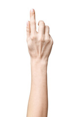 Obraz premium female hand poiting by finger isolated on white background with clipping path