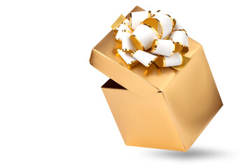 gold color gift box with white decorative bow, isolated on a white background