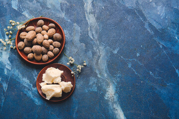 Plates with shea butter and nuts on color background