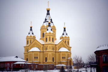 Nizhny Novgorod, Russia. January 5, 2021: Alexander Nevsky Cathedral in Nizhny Novgorod in winter, Russia.
