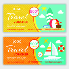 Set of summer travel voucher design template. Vector illustration