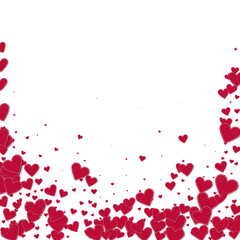Red heart love confettis. Valentine's day falling rain elegant background. Falling stitched paper hearts confetti on white background. Creative vector illustration.