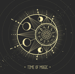 Modern magic witchcraft card with astrology sun and moon sign with human face. Day and nignt. Astrology wheel with zodiac signs. Horoscope vector illustration