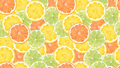 Obraz premium シトラスのスライスを敷き詰めたシームレスパターン。レモンとライムとオレンジの水彩イラスト。