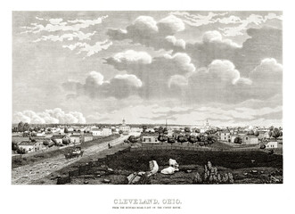 Old view of Cleveland, Ohio, from Buffalo Road to horizon. Highly detailed vintage style gray tone illustration by unidentified author, U.S., 1834