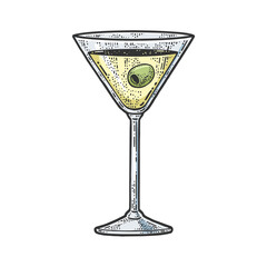 Alcoholic drink olive in glass sketch raster