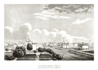 Old view of Cleveland, Ohio, from the St Clair street in the past times. Highly detailed vintage style gray tone illustration by unidentified author, U.S., 1834
